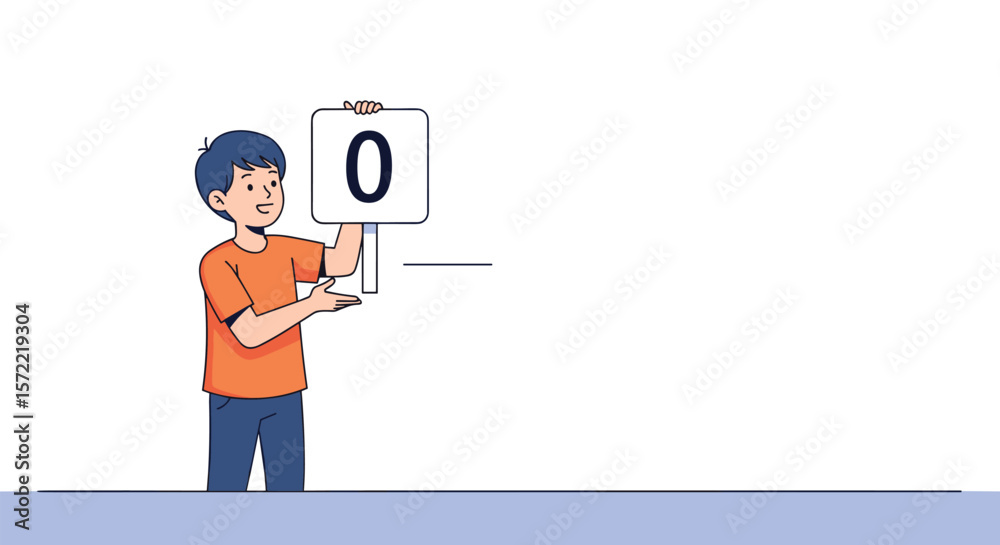 Fototapeta premium Young person standing holding up a sign with the number zero indicating a score or a result
