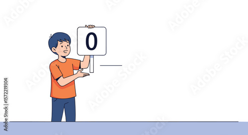 Young person standing holding up a sign with the number zero indicating a score or a result