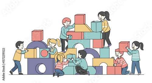 Children happily building a colorful tower together with large wooden blocks fostering creativity and teamwork