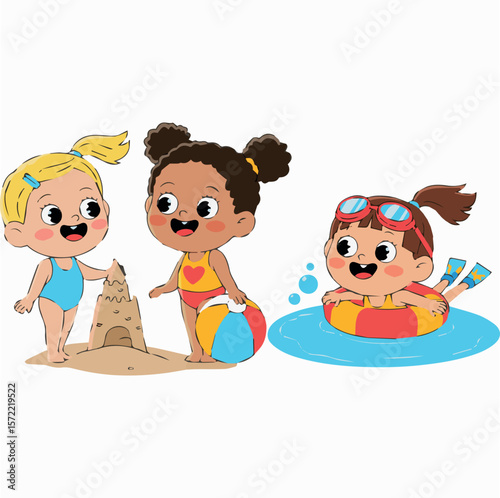 Cute cartoon girls playing on beach summer vacation vector illustration for kids fun and holiday designs
