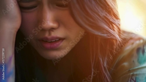 Sad woman crying with emotional pain, Close-up of woman holding her head and feeling sadness, Woman in emotional pain with tears in her eyes

