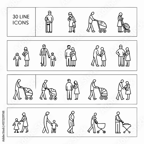 Diverse people family line art icons figures