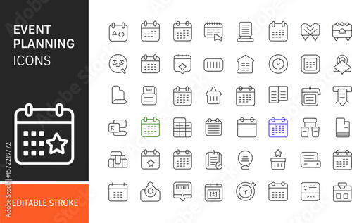 Event planning icons set vector graphic design for organization and scheduling business and management work editable stock vector