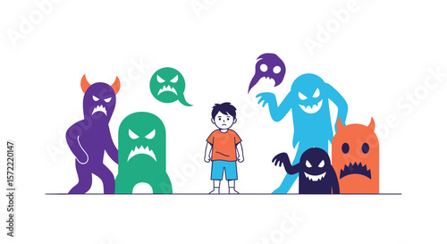A young person confronts a group of frightening monsters and imaginary fears showing inner strength and courage