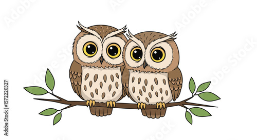 Two adorable cute owls sitting together on a tree branch with green leaves illustration