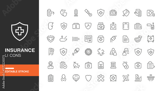 Insurance icons vector set thin line design for medical health and protection concept editable stroke editable stock vector