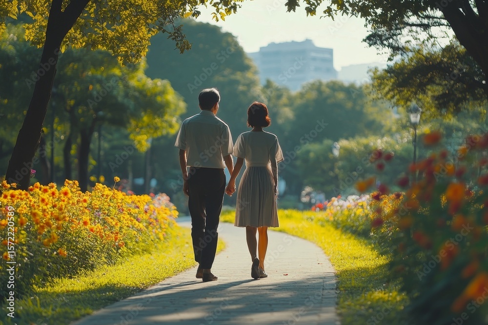 Obraz premium Elderly couple lifestyle concept: Husband wife and sitting together in the park, relaxing in their retirement, Generative AI