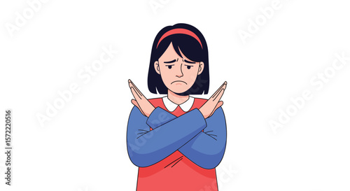 Young person expressing disagreement or refusal with crossed arms and sad expression in a clear white background