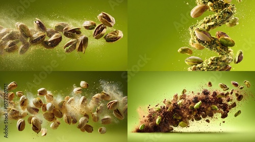 Pistachio nut collage flying, bursting, powder, food against a green background