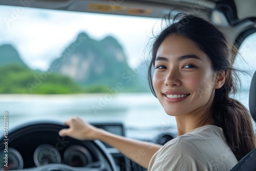Happy Asian woman driving her car to a vacation destination, enjoying the trip, Generative AI