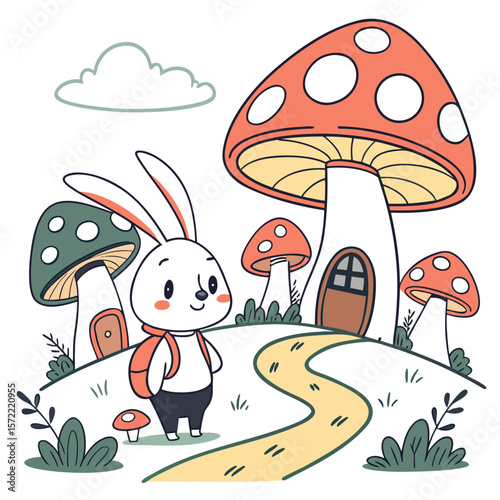 Cute bunny in a whimsical mushroom village with a winding path rabbit