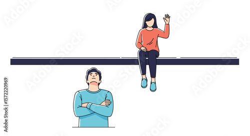 Couple sitting apart on a ledge with one waving hello and the other looking unhappy with arms crossed