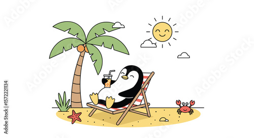 A happy penguin enjoys a tropical beach vacation under the warm sunshine and palm tree