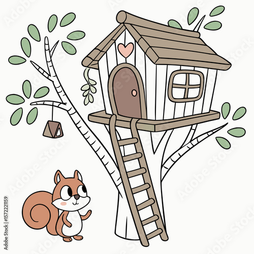 Cute squirrel near wooden treehouse with green leaves ladder