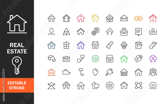 Real estate icons set vector line style house building home apartment property residential architecture editable stock vector