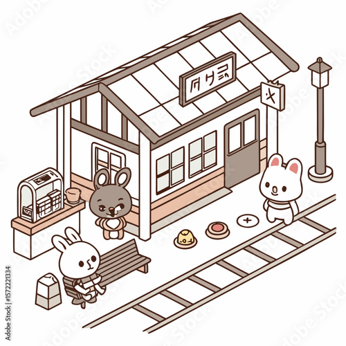 Cute animal characters at a train station with a building and tracks vector