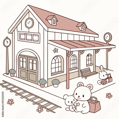 Cute bears and bunny at train station with luggage and flowers plush animals