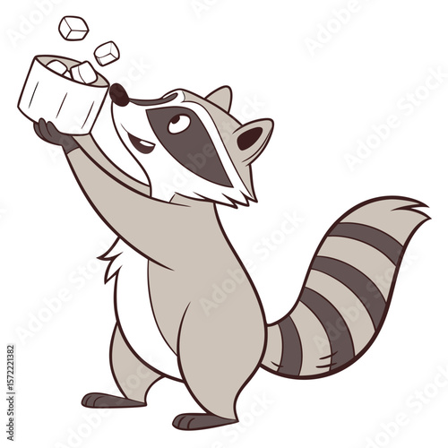 Gray raccoon holding bucket with marshmallows stealing food