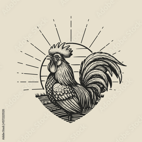 Rooster crowing under sun rays, framed in a heart design.