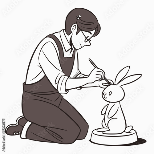 Person sculpting clay bunny with brush sculptor crafting