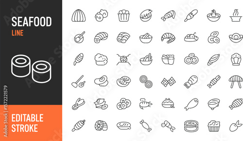 Seafood line icons set vector illustration sushi shrimp lobster tuna salmon oyster crab editable stroke editable stock vector