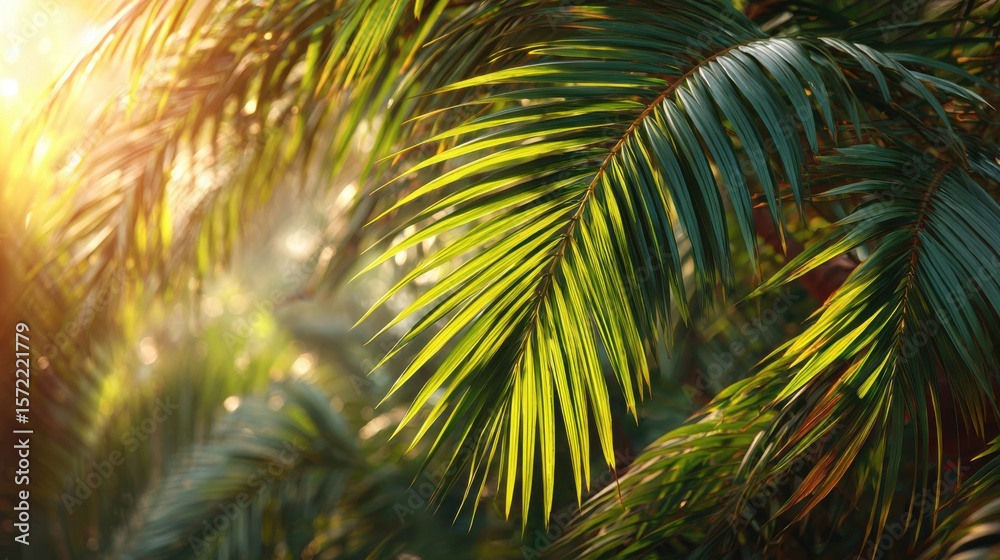 Fototapeta premium Bright sunlight streams through lush green palm fronds, creating a warm and inviting atmosphere in a tropical environment during the late afternoon.