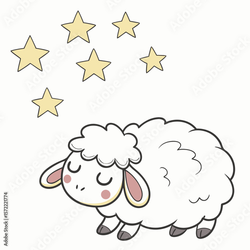 Sleeping fluffy sheep under yellow stars night cute