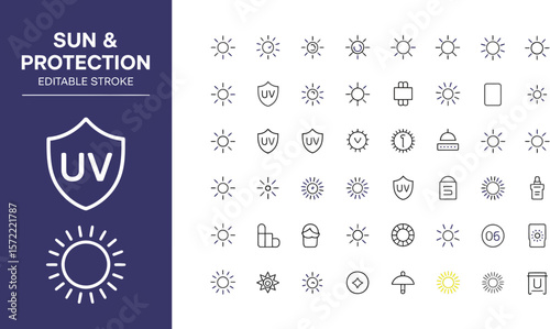 Sun protection icons set vector design for summer and uv safety with editable stroke and line art style editable stock vector