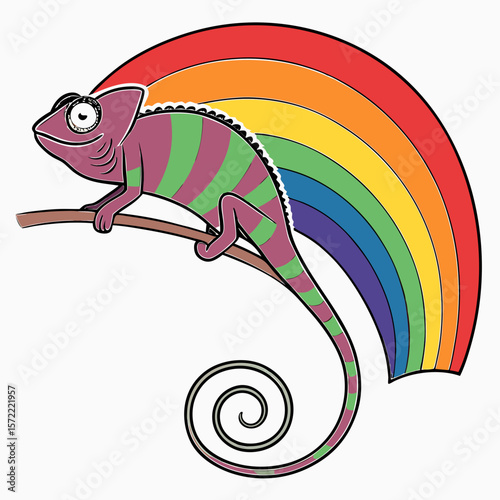 Purple green striped chameleon perched on branch against rainbow reptile stripes
