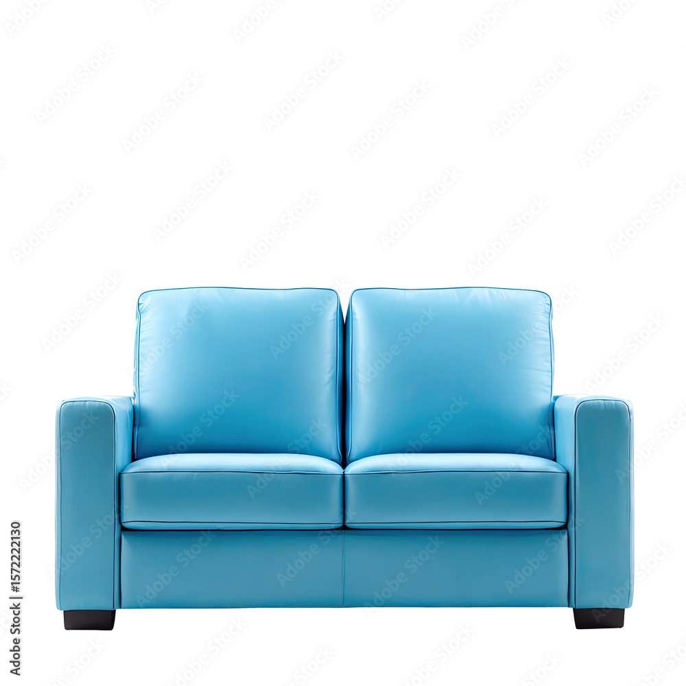 Naklejka premium Blue two-seat sofa with square arms. Centered front view on white background. Clean comfort and modern living mood. Ideal for furniture ads, interior mockups, and real estate staging.