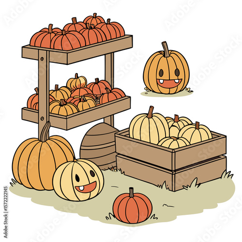 Orange yellow pumpkins displayed on wooden shelves and crates wooden crates