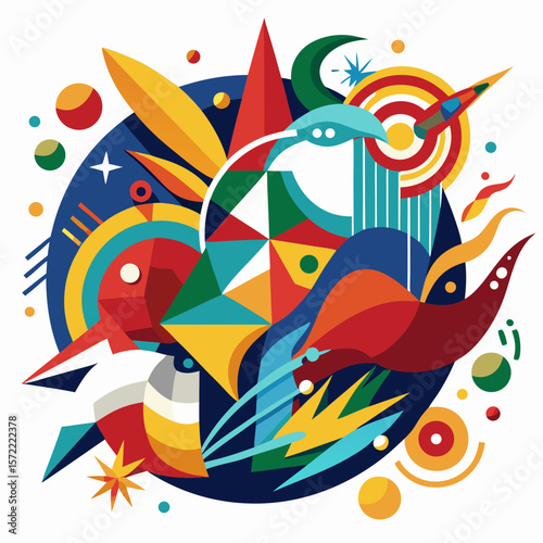 Dynamic abstract composition with geometric shapes and vibrant colors colorful