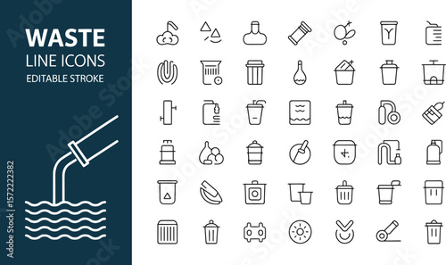 Waste management vector icons set, recycling and disposal concept, line art garbage collection design 100 editable stock vector