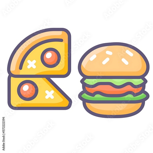 Colorful whimsical depiction of a cheese wedge and a classic hamburger illustration