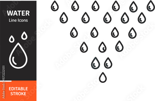 Water drop icon set vector illustration collection of liquid droplets rain symbol line art design 100 px editable stock vector