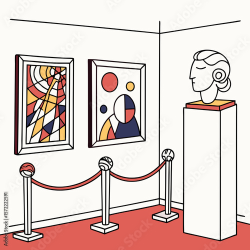 Abstract paintings and sculpture in gallery art exhibition abstract art