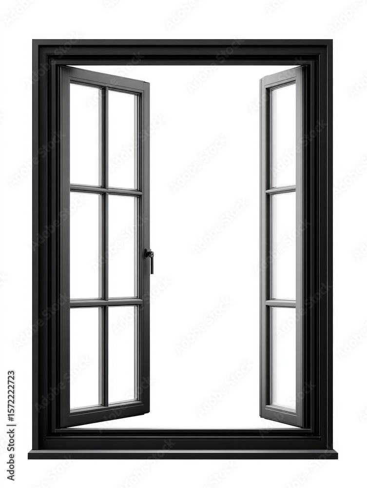 Open black window frame, divided into panes Open black window frame, divided into panes