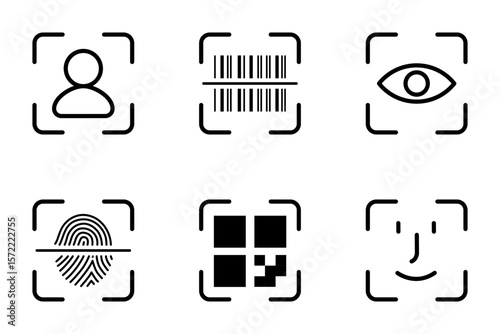 icon scan recognition eye profile barcode fingerprint face id icon set vector