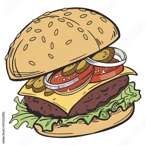 Juicy burger with cheese lettuce tomato onion pickles hamburger cheeseburger