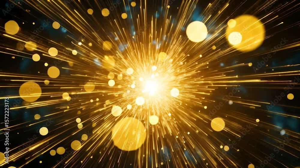 Golden light bursts outward from a central point on a dark background