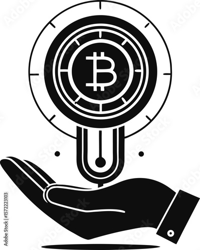 Stylized black silhouette of a hand holding a bitcoin symbol within a circular gauge isolated on transparent background silhouette