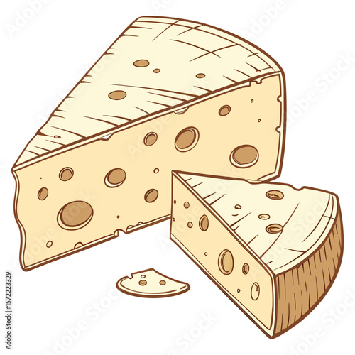 Light yellow cheese wedge with brown holes and lines dairy food