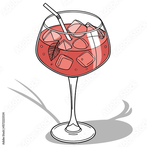 Refreshing pink cocktail with ice and straw drink beverage