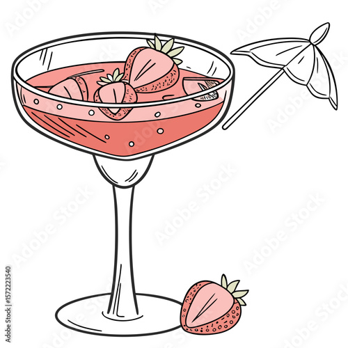 Pink strawberry cocktail with umbrella and fruit drink beverage
