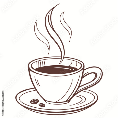Steaming coffee cup with beans on saucer hot drink coffee beans