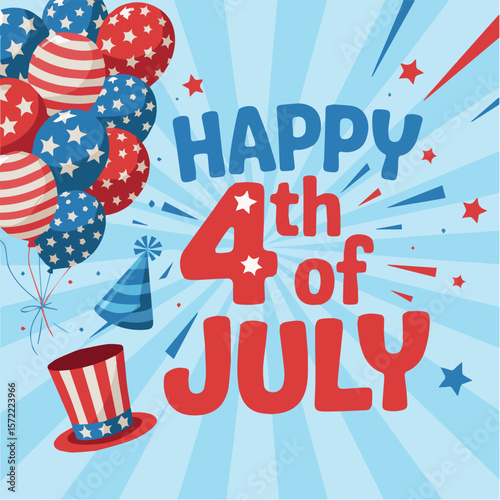 Happy fourth of july celebration with balloons and hat patriotic illustration for independence day event