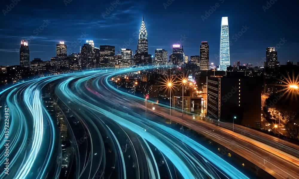 A highway of light blue and teal data streams winds in the shape of a long, winding road, leading to a city skyline at night with buildings lit up.