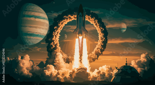 Space rocket launches from alien planet, sci-fi vector poster. EPS 10 version.