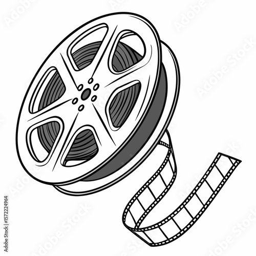Vintage film reel with unwinding film strip movie cinema