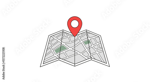  Folded city map with red location pin minimalistic illustration